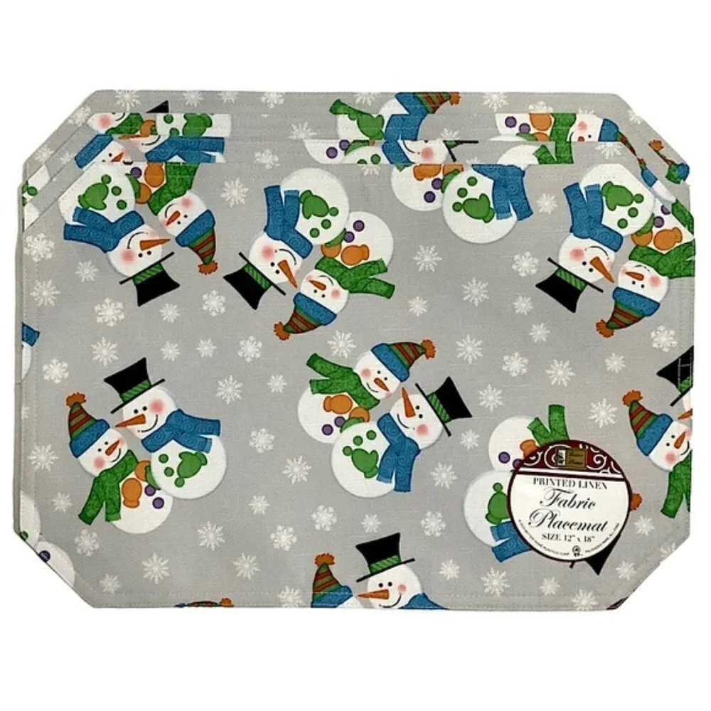 Winter Linen Print Fabric Placemats Snowman Reversible Grey Multi 12 X 18 in